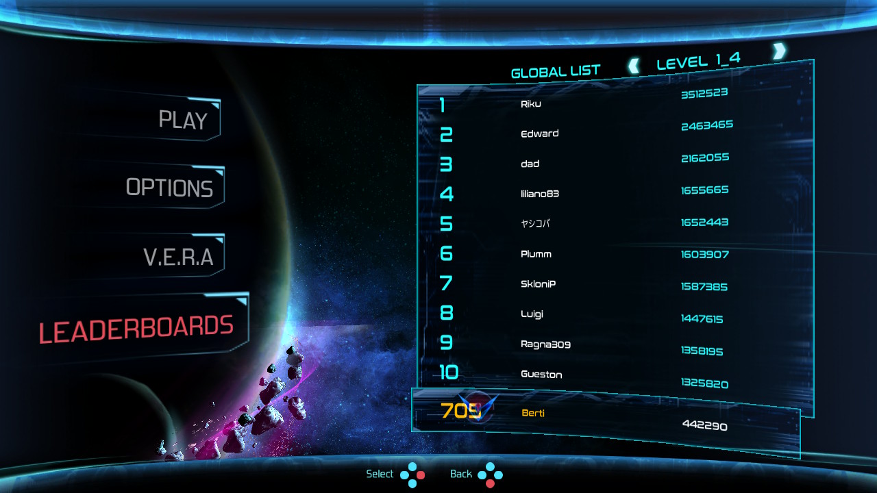 Screenshot: Dimension Drive online leaderboards of Level 1_4, showing Berti at 709th place with a score of 442 290